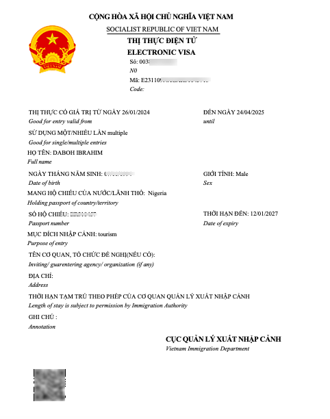 sample of Vietnam E-visa